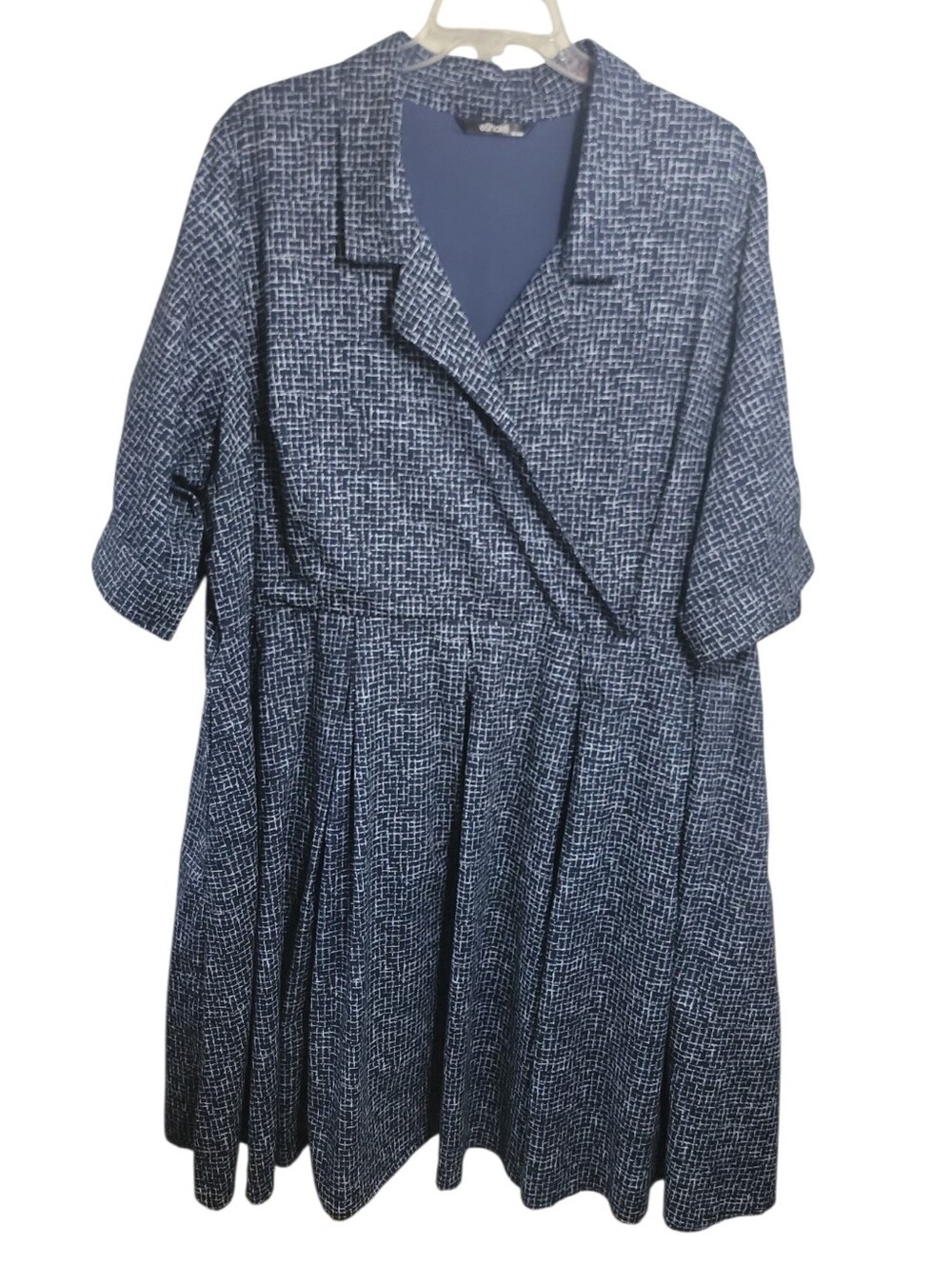 Eshakti women's plus size 5X blue white pleated collared v neck dress pockets
